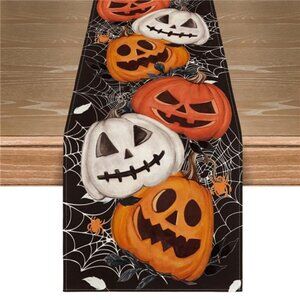 Smile Jack O Lantern Pumpkin Ghost Spider Halloween Table Runner Black 13 x 72